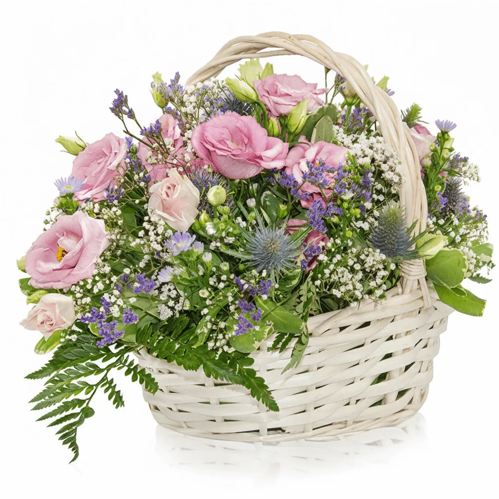 Composition fine basket, white wicker basket, eustoma, asters, pink flowers