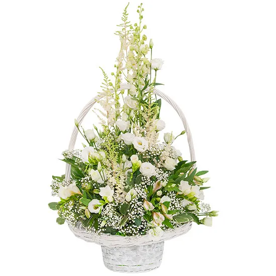 Basket travel together, white bouquet of flowers in white wicker basket, eustoma