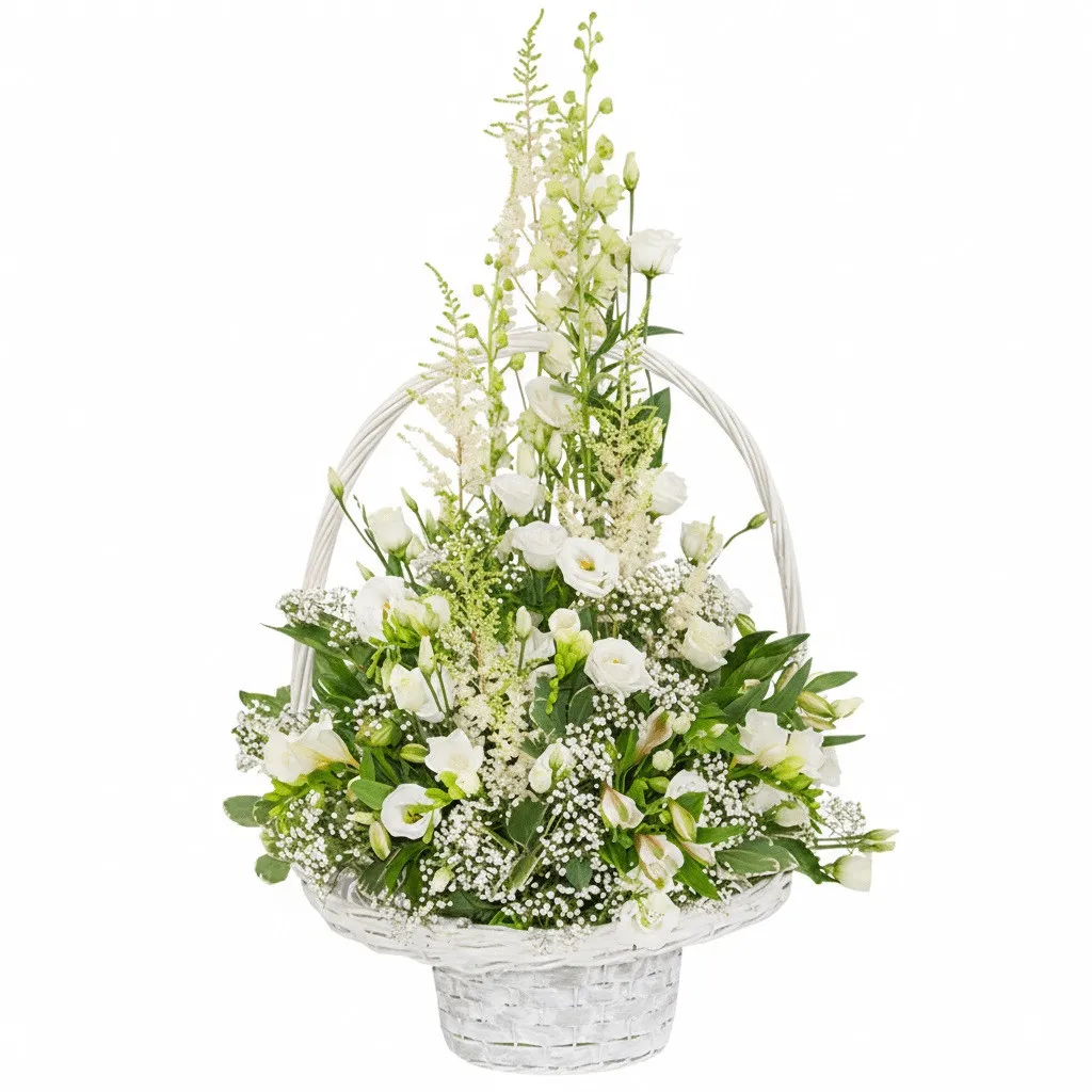 Basket travel together, white bouquet of flowers in white wicker basket, eustoma