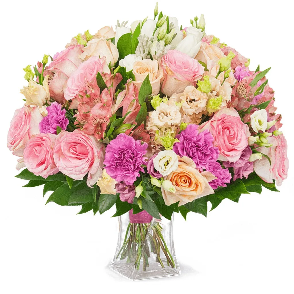 Bouquet Artemis, bouquet of pink and white flowers, tulips, eustoma, round bouquet in a glass vase