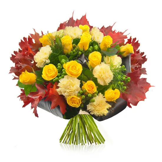 Bukiet Barwy jesieni, jesienny bukiet z żółtych kwiatów i czerwonych liści