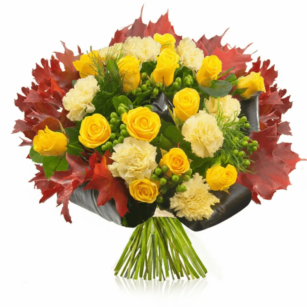 Bouquet Colors of Autumn, an autumn bouquet of yellow flowers and red leaves