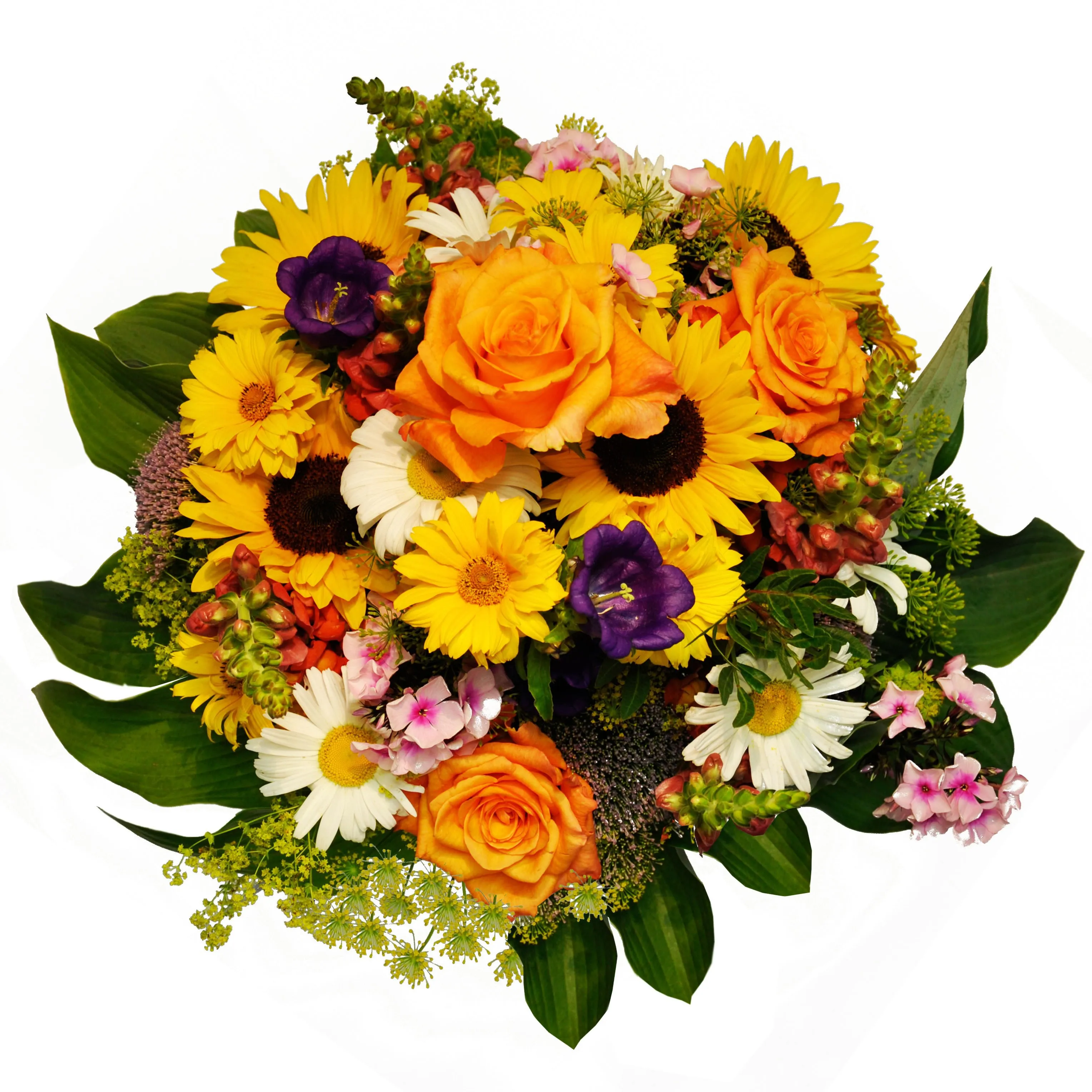 Mixed bouquet in various summer colours including sunflowers with green filler - Syria