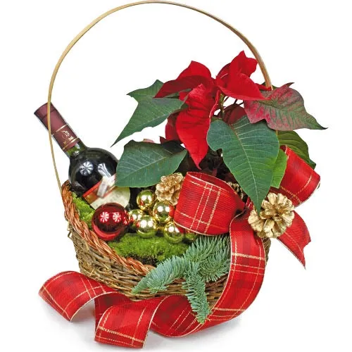 Christmas basket with poinsettia and red wine