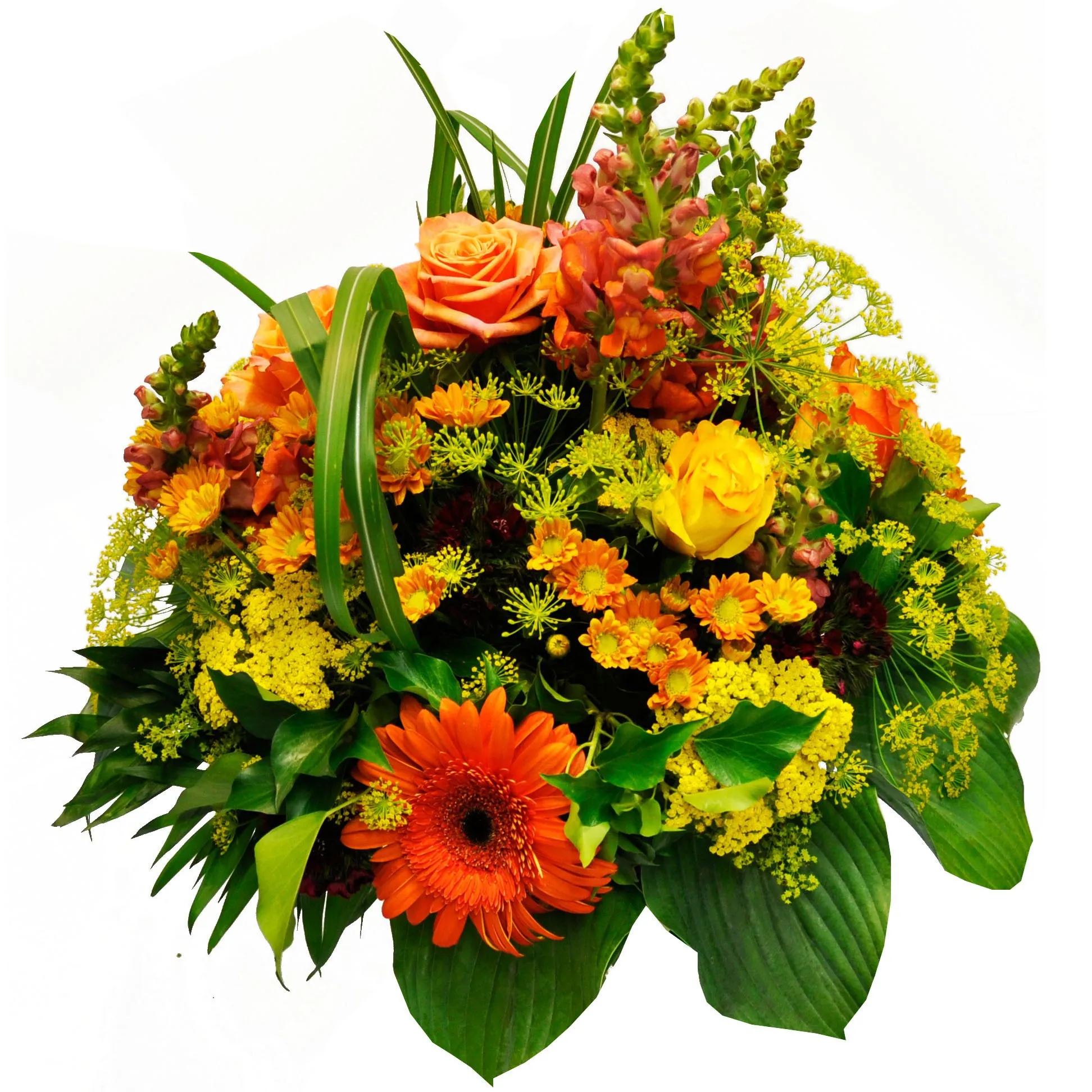 Mixed bouquet in red, orange and yellow with green filler - Syria