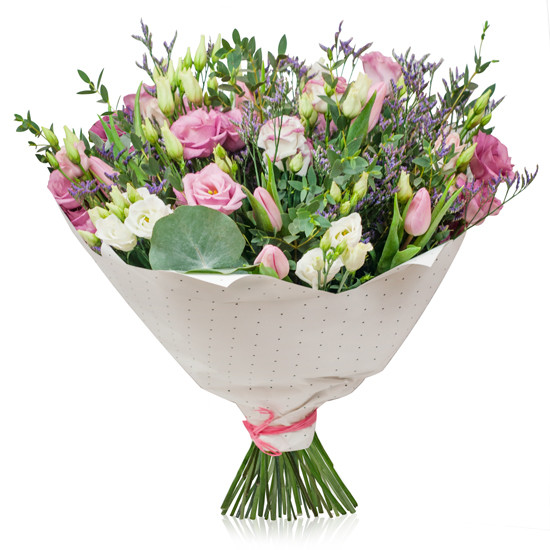 Dżabrojad, bukiet wiosennych kwiatów, tulipany i eustoma w bukiecie, poczta kwiatowa
