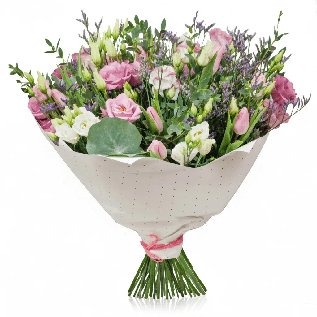 Jabberwocky, Bouquet of spring flowers, tulips and eustoma in bouquet, poczta kwiatowa