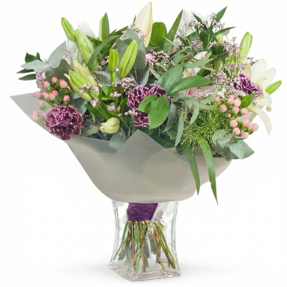 Bouquet for Taurus, horoscope collection flower delivery, lilies and greenery in the bouquet