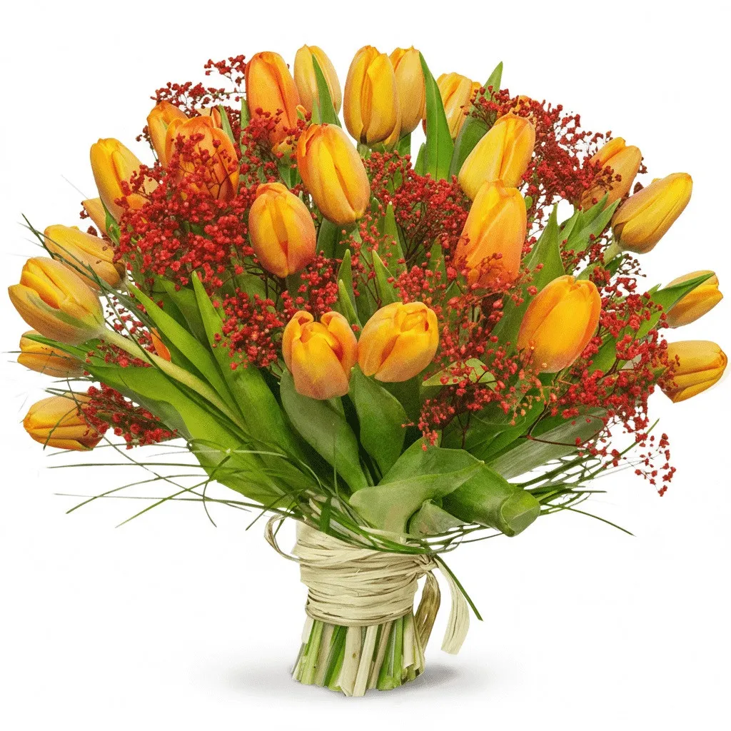 bouquet of heartfelt tulips, 25 orange tulips, red gypsophila, bouquet tied with a beige ribbon