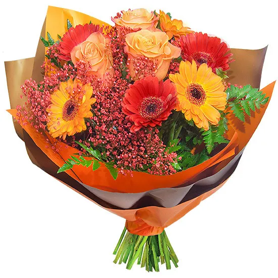amber bouquet, red and orange bouquet made of gerberas, roses, gypsophila and decorative green, bouquet with decorative paper