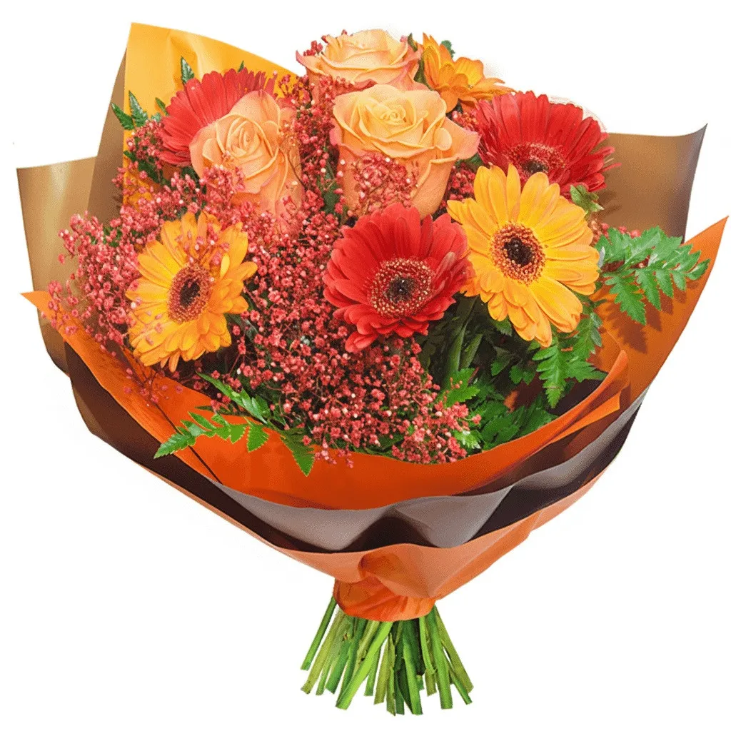 A rich, warm bouquet of flowers in shades of orange and red. The composition includes orange roses, red and orange gerbera daisies, and small red hypericum berries. Eucalyptus sprigs and fern leaves complement the bouquet. The bouquet is wrapped in decora