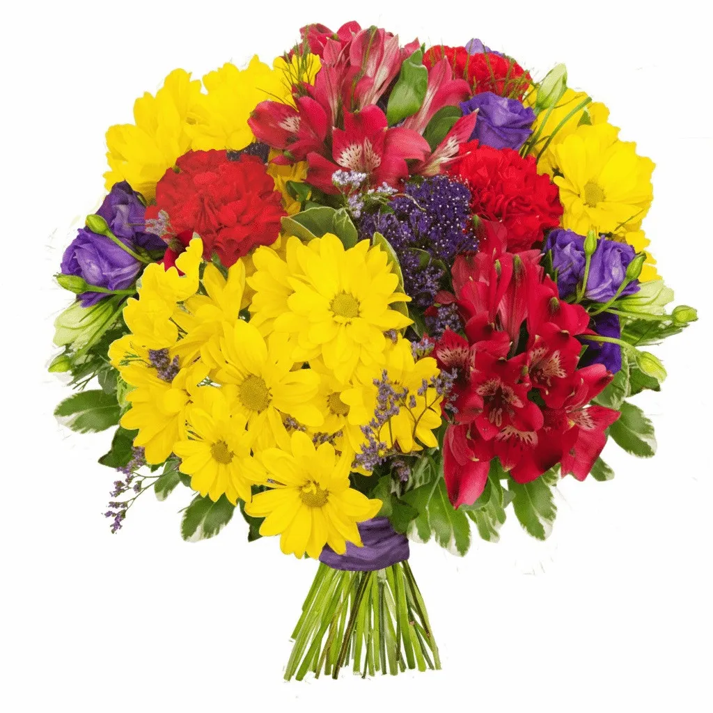 Pasodoble bouquet, yellow daisies and red carnations in the bouquet