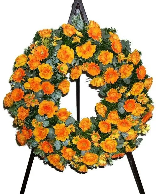 Wreath in orange with roses gerberas chryssis (with ribbon)