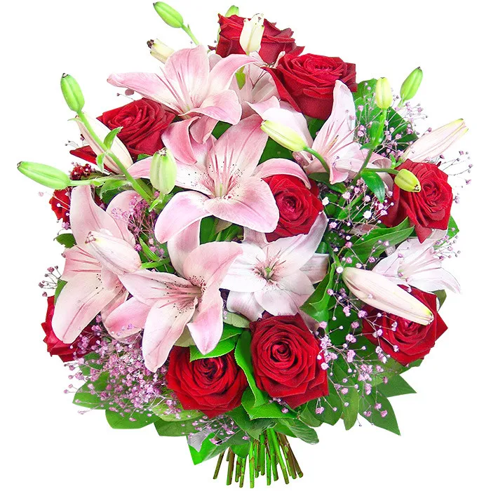 Bouquet success, red roses, pink lilies, decorative green,  bouquet of flowers