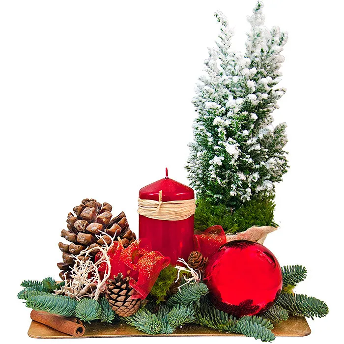 Christmas centrepiece, centrepiece made of cupressus, metallized candles, baubles, drought, greenery, trays