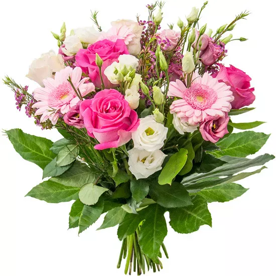 Kwiaty na Dzień Mamy, różowe róże i gerbery, biała i różowa eustoma