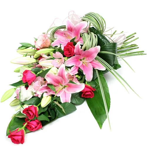 Bouquet forever together, white and pink bouquet, pink roses, pink lilies, eustoma, decorative green