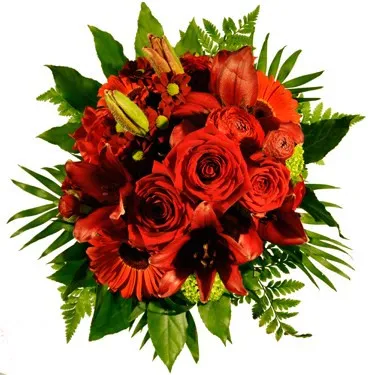 Round bouquet of seasonal flowers in RED shades (roses, gerberas, lilies etc..) - Syria