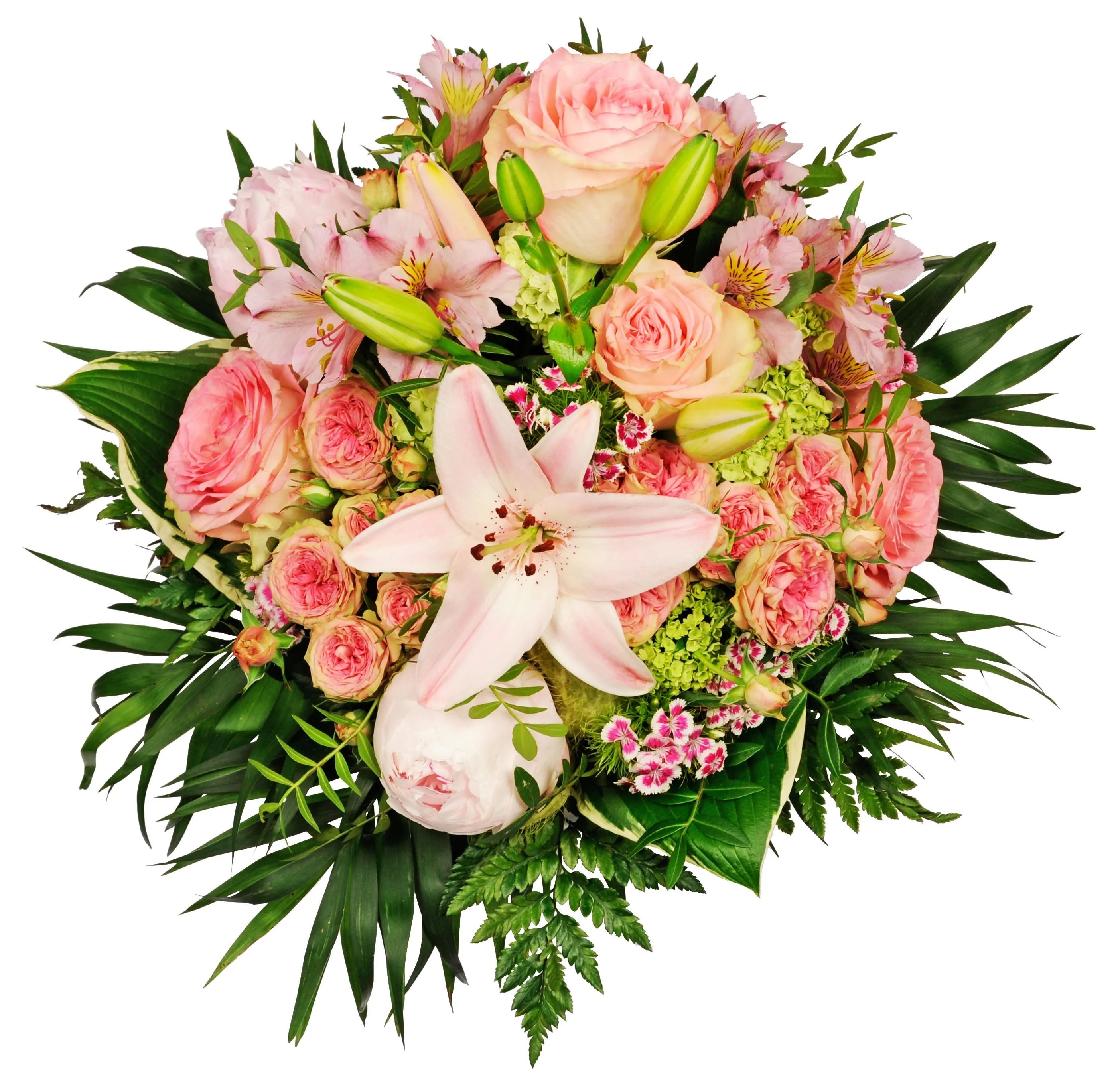 Round bouquet of seasonal flowers in various pink shades (roses, lilies, alstromeria etc..)