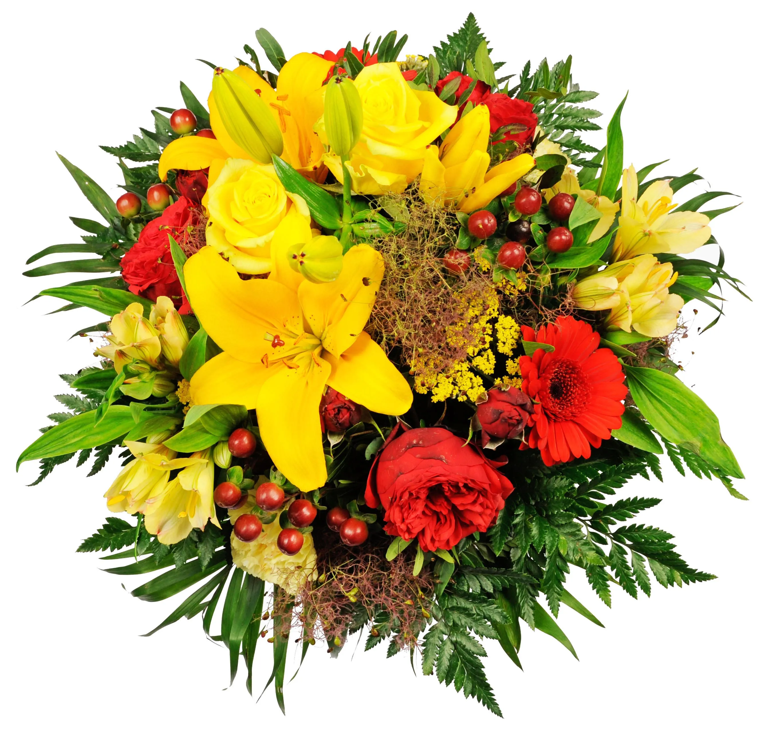 Round MCF of seasonal flowers in yellow/red shades only (roses, lilies, gerberas, alstromeria etc..) - Syria