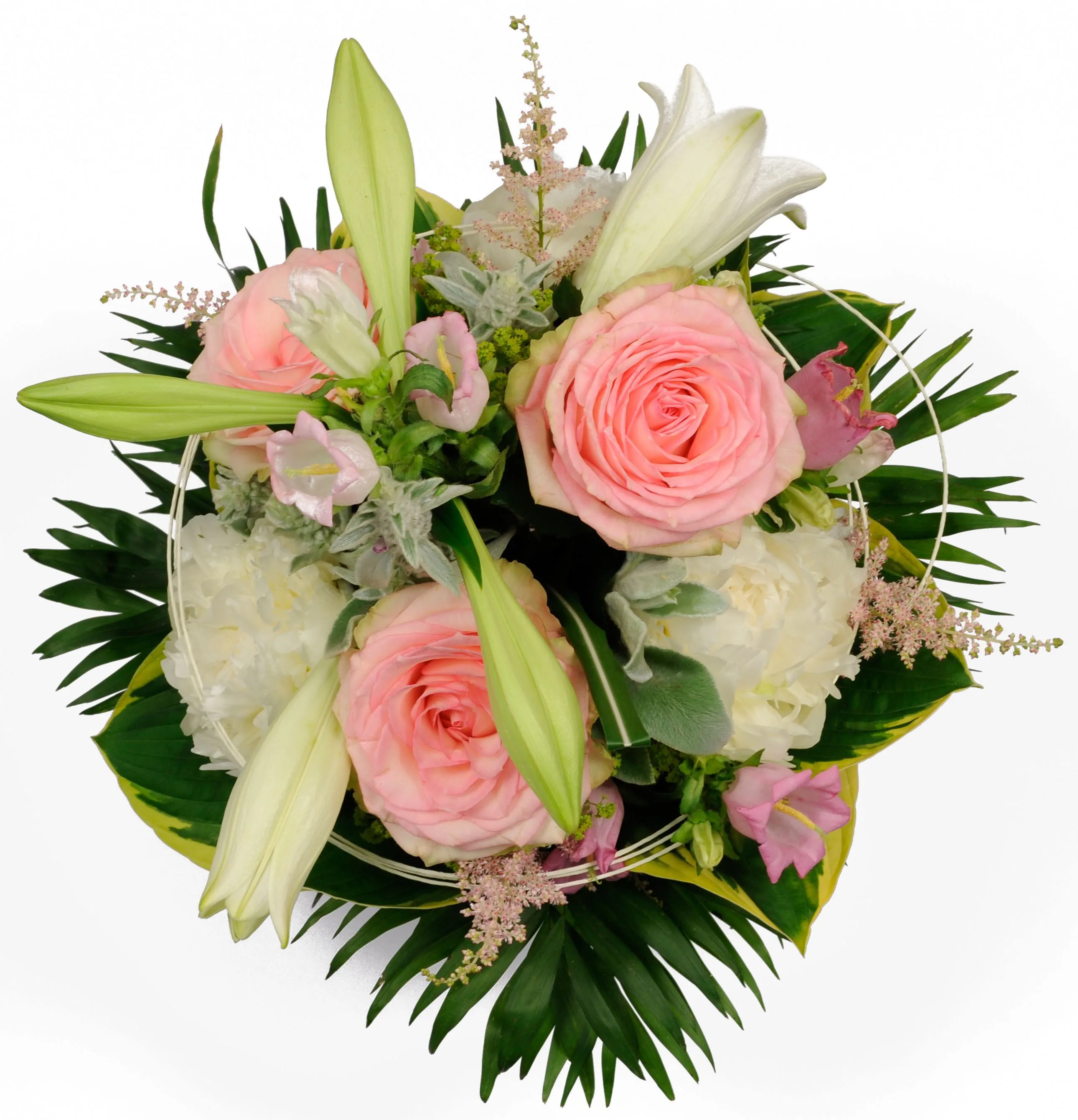 Round MCF of only white lilies, light-pink + white roses with matching seasonal pastel-pink flowers - Syria