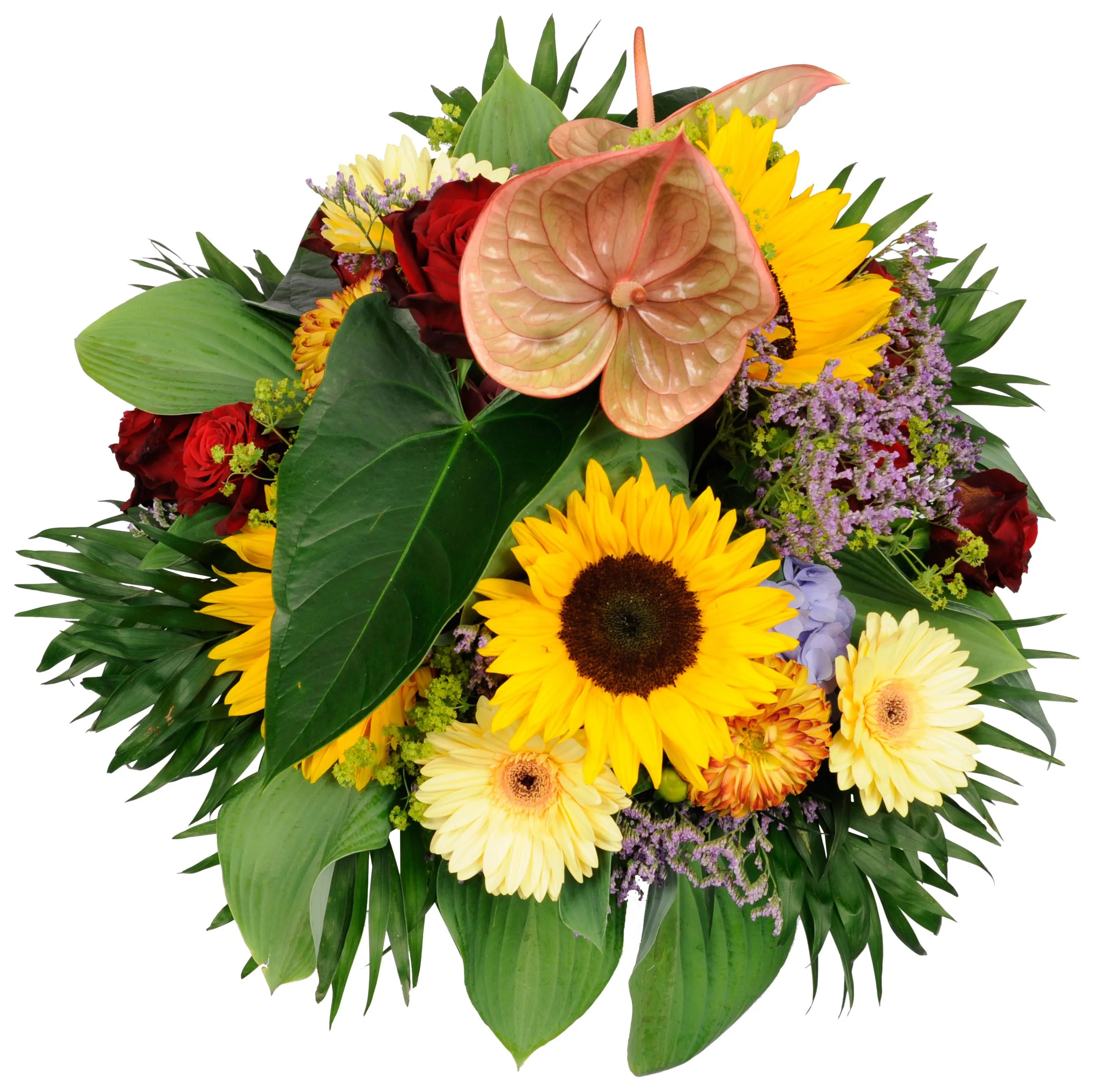 Round seasonal mixed colourful bouquet with anthurium, sunflower, gerbera, roses etc..) - Syria