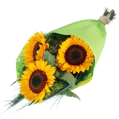 A composition of yellow sunflowers with fern tied with a ribbon with delivery, Three Sunflowers