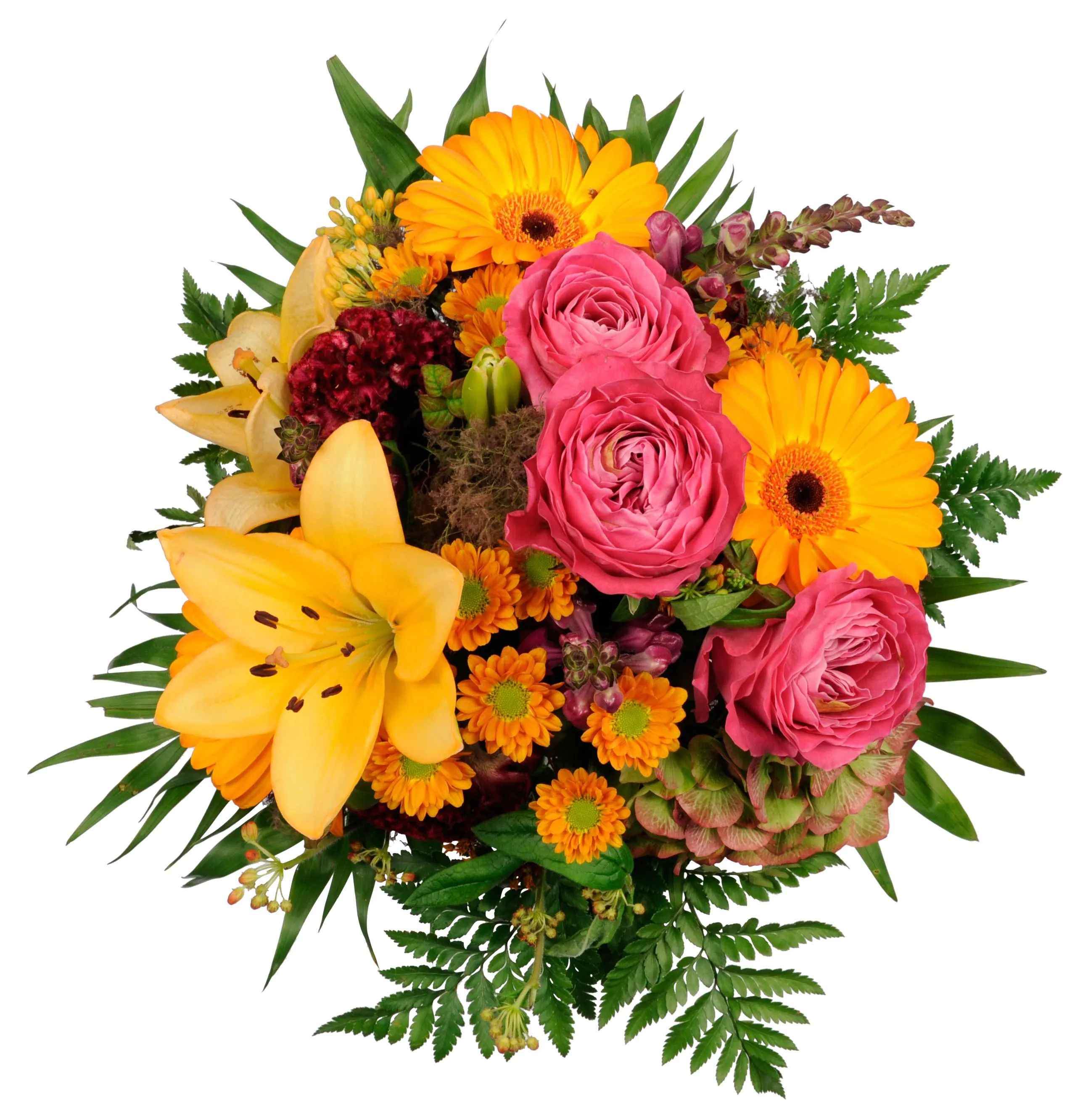 Round seasonal mixed bouquet in pink/orange with roses, lilies, gerbera, etc.. - Syria