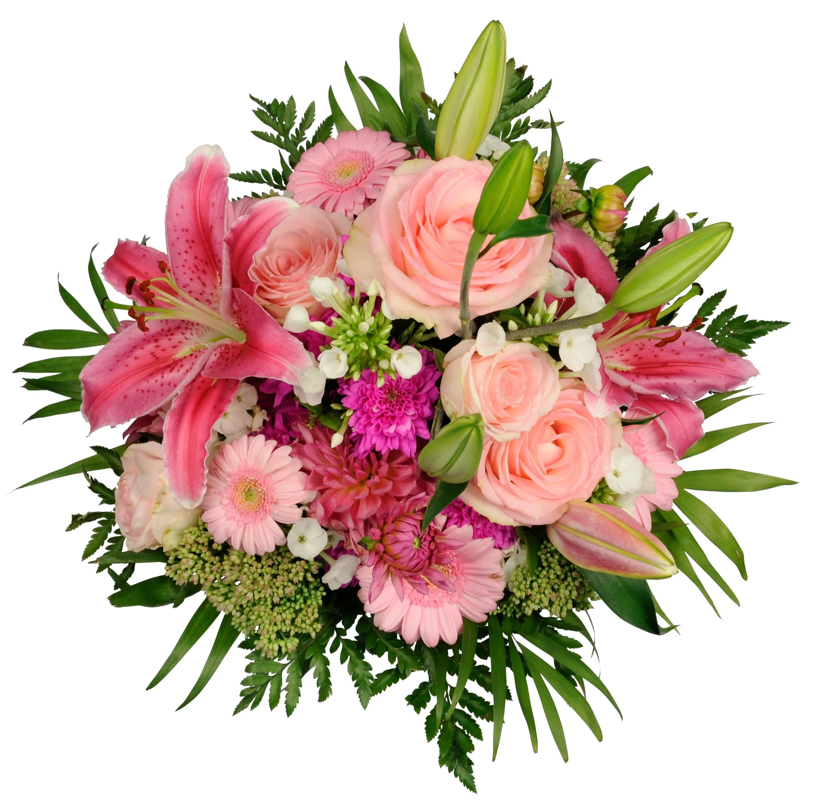 Mixed bouquet of light pink roses, lilies, gerberas + other pink/white flowers only