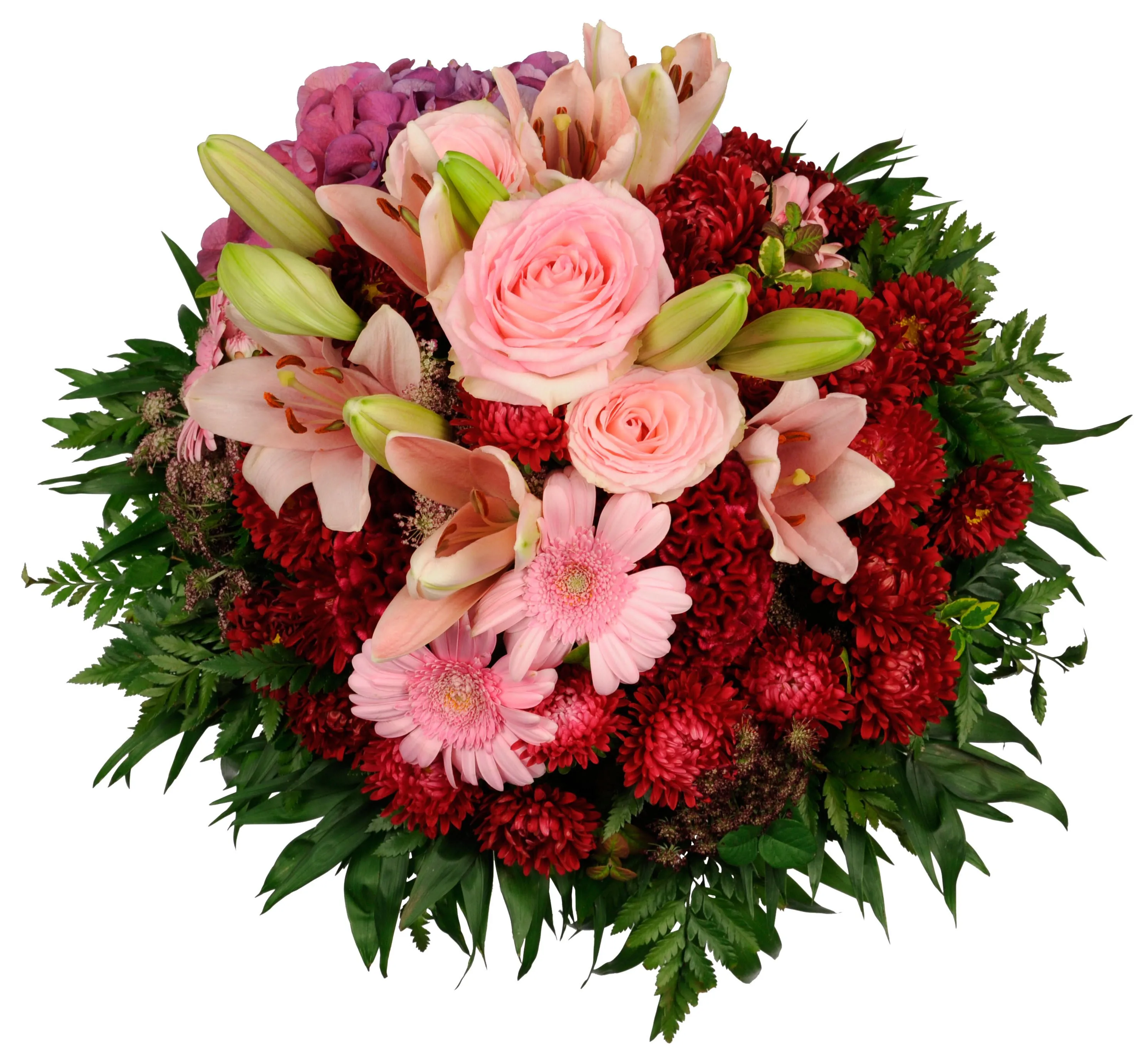 Mixed bouquet of PINK roses/lilies/gerberas + other RED seas flowers, all in Pink/red only - Syria