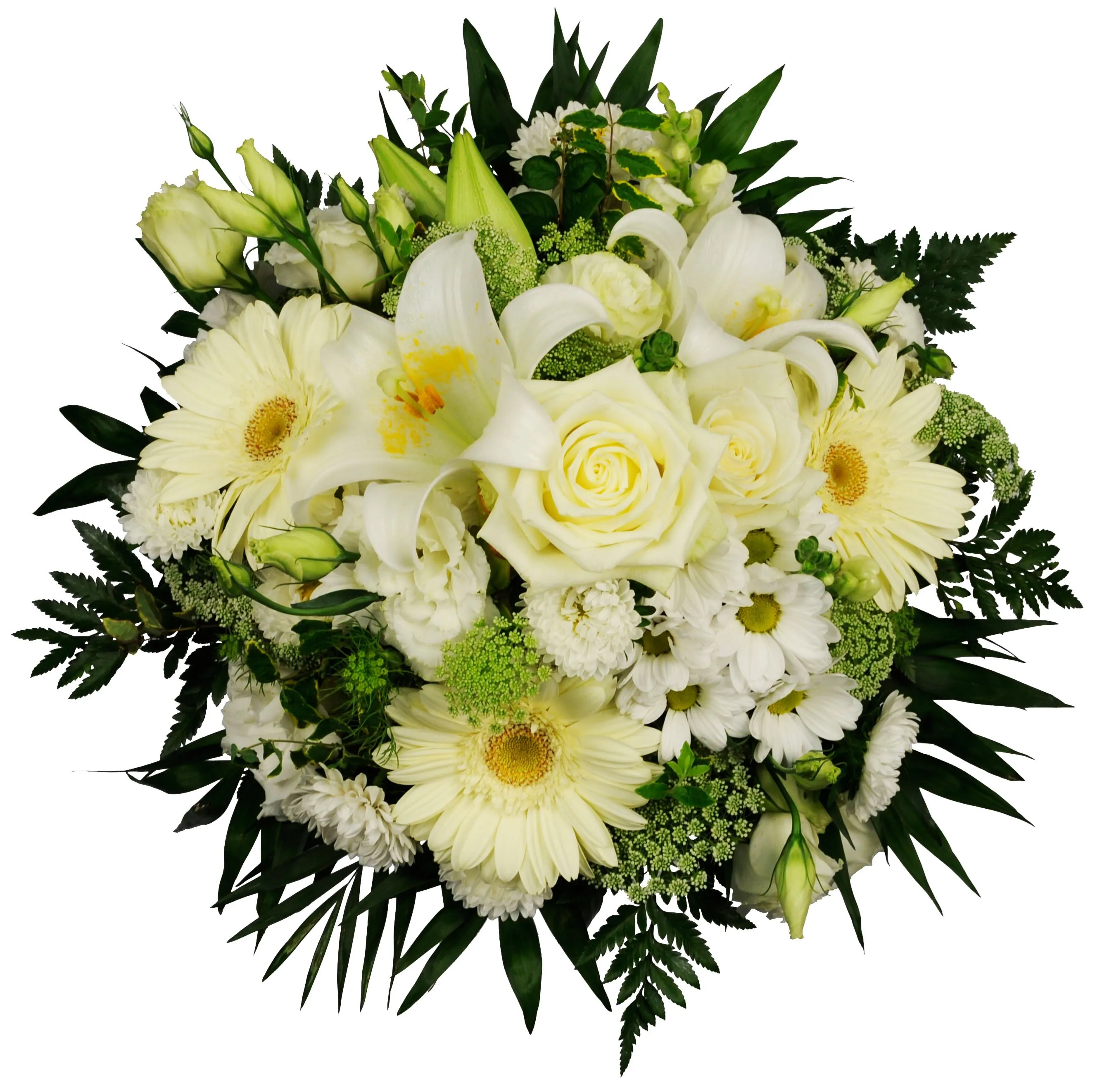 Round/mixed MCF for wedding - all in WHITE: roses, lilies, gerberas + other white flowers only - Syria