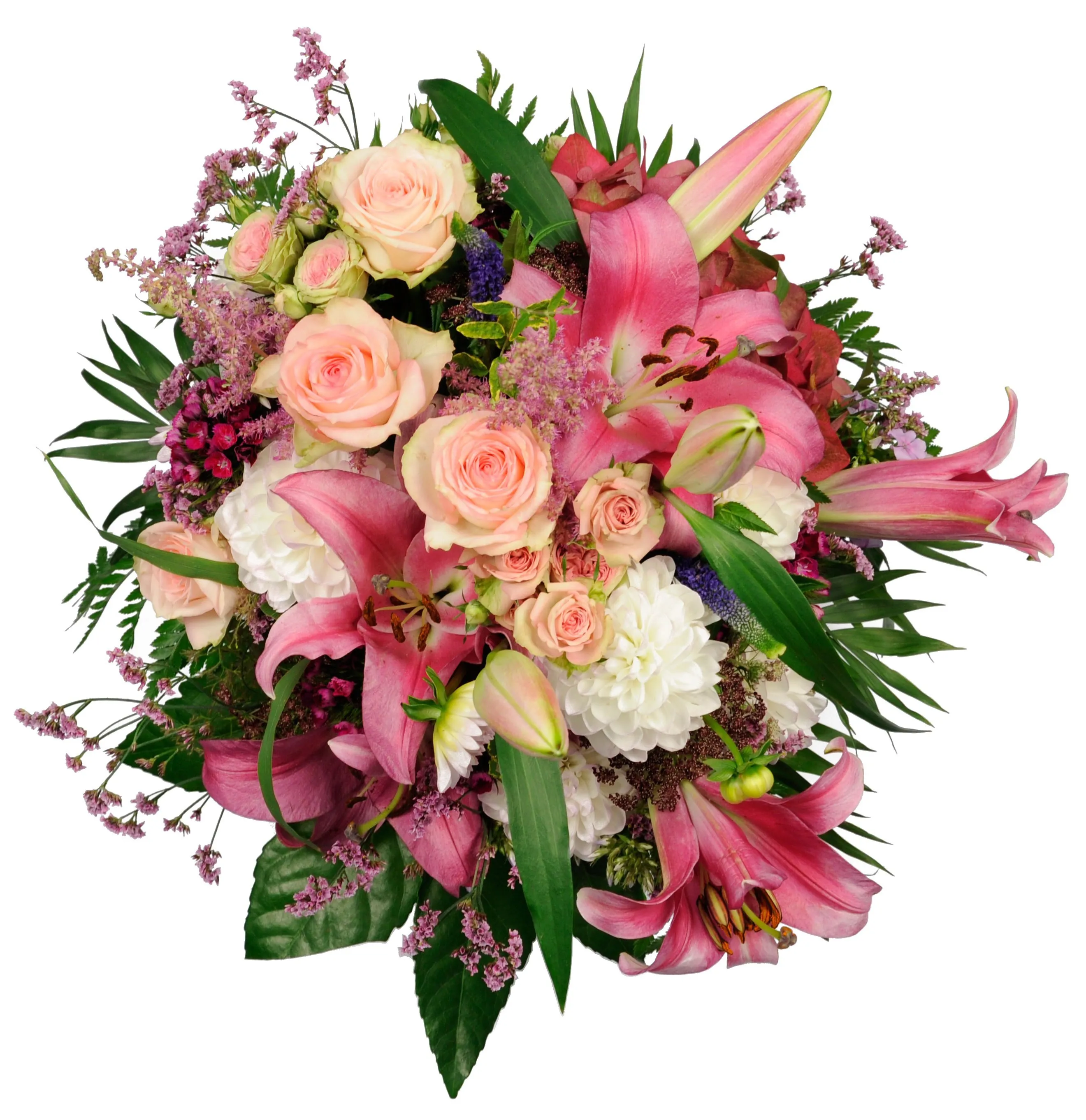 Round MCF with pink lilies + pastel pink roses with other pink/white flowers, romantic - Syria