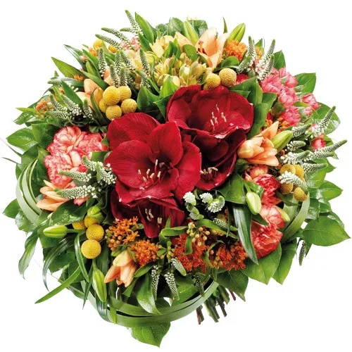 Amarylis, goździki, lilie azjatyckie, alstromeria, crospedia veronica, asclepias, zieleń dekoracyjna w bukiecie, Bukiet Radosny czas
