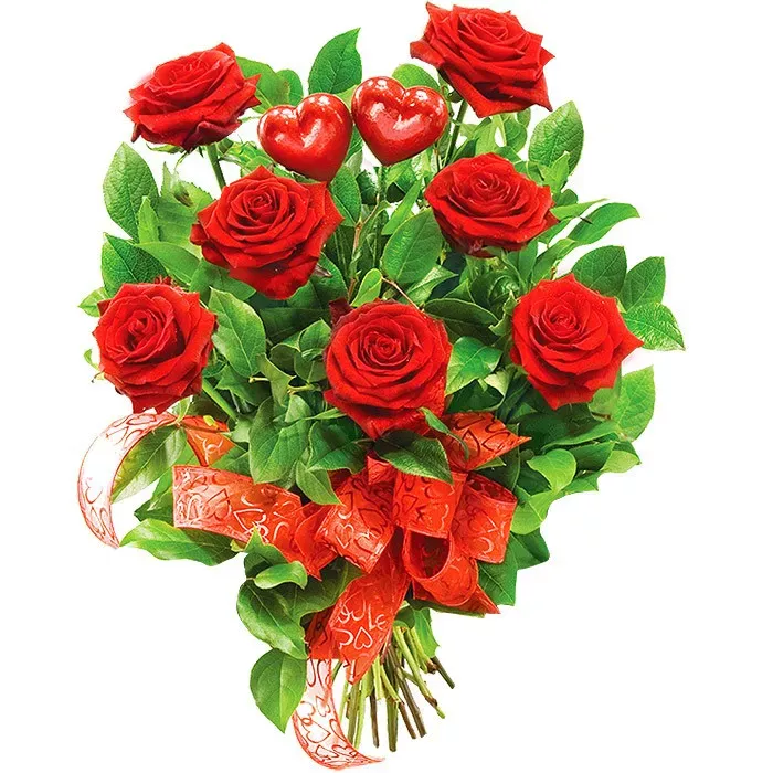 Flowers two hearts, composition of red roses, walnut leaves, red hearts on sticks, romantic flowers