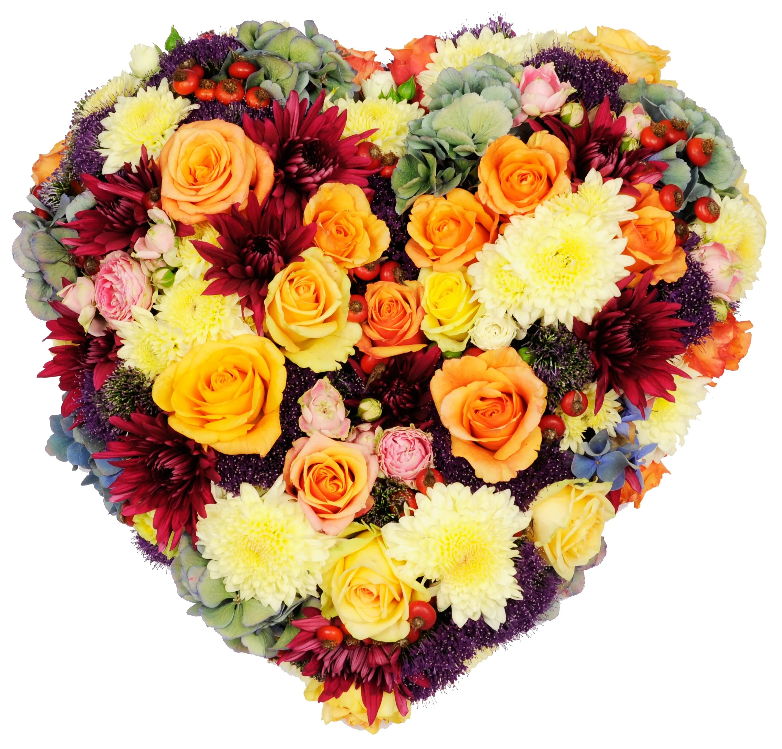 VERY colorful heart shape ARR for funeral (roses, daises + seas flowers)