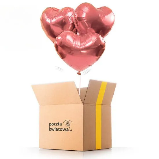 Three pink hearts, pink helium balloons, balloon mail, balloons with a ticket