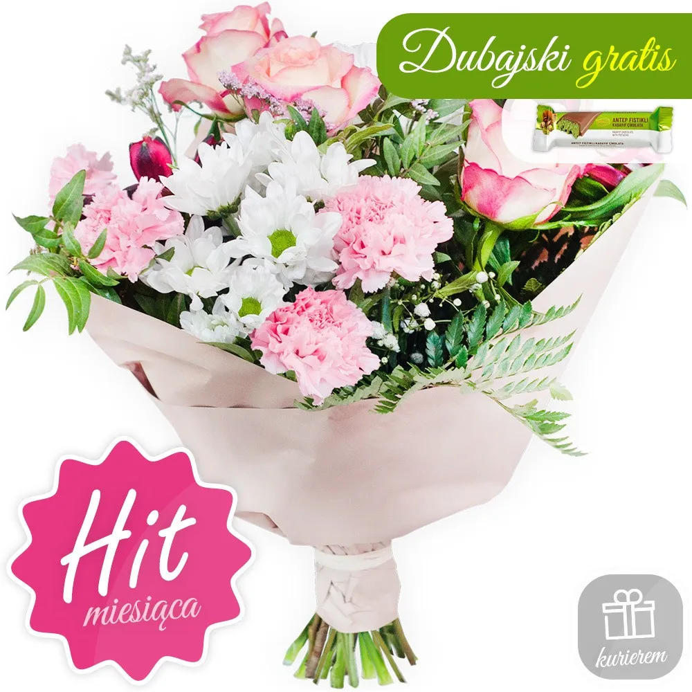 Poczta Kwiatowa's bestselling pastel bouquet, composed of light pink roses, carnations, and white daisies, is elegantly wrapped in decorative paper and marked with the "Hit of the Month" graphic.