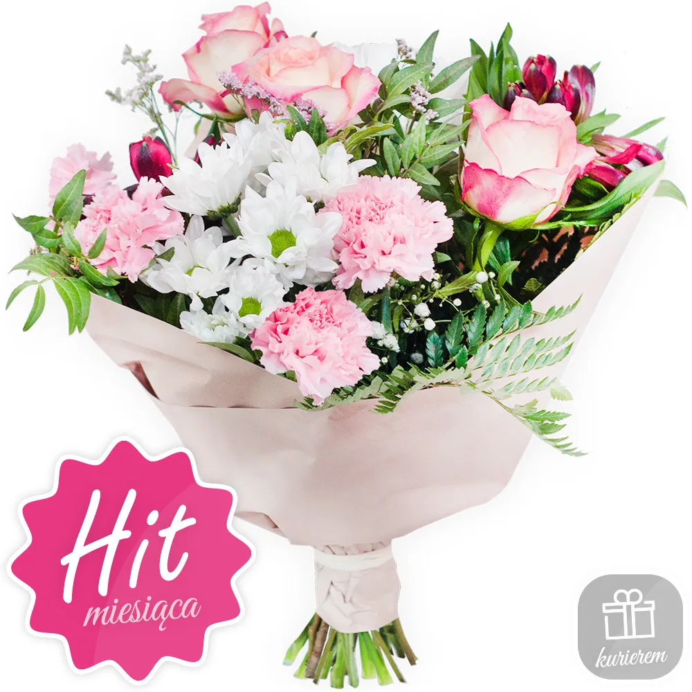Poczta Kwiatowa's bestselling pastel bouquet, composed of light pink roses, carnations, and white daisies, is elegantly wrapped in decorative paper and marked with the "Hit of the Month" graphic.
