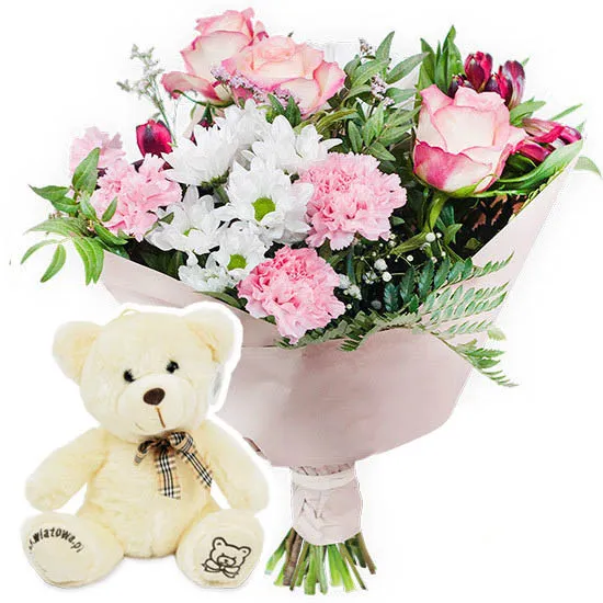 Pastel bouquet with teddy bear – Poczta Kwiatowa® flower delivery