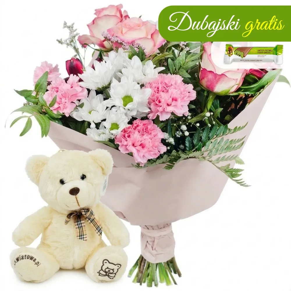 Pastel bouquet with teddy bear – Poczta Kwiatowa® flower delivery