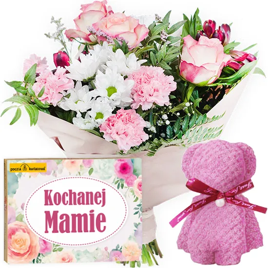 Pastel bouquet with a teddy bear and a box of chocolates for Mother's Day | Poczta Kwiatowa