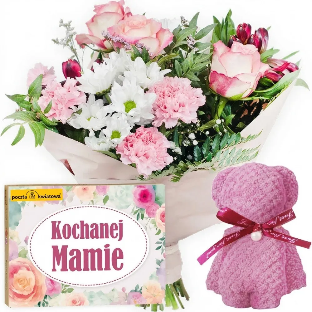 Pastel bouquet with a teddy bear and a box of chocolates for Mother's Day