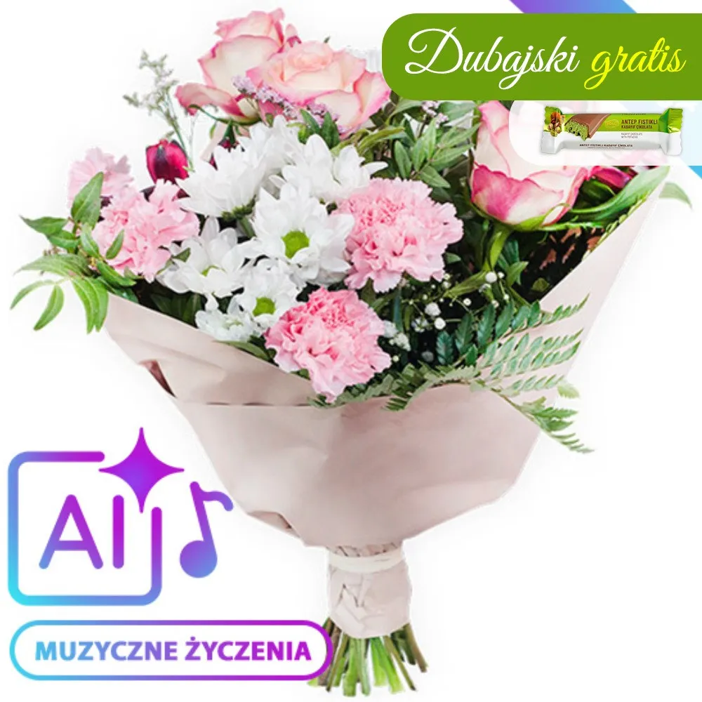 Bukiet pastelowy z muzycznymi życzeniami (AI) 
