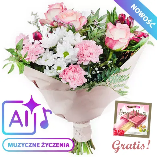 Bukiet pastelowy z muzycznymi życzeniami (AI) | Poczta Kwiatowa®