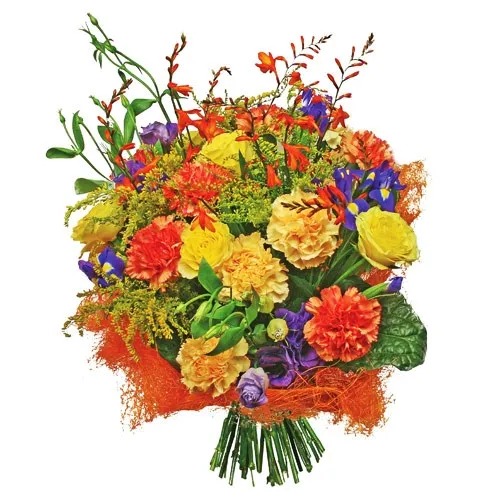 Bouquet holiday, bouquet of flowers, carnation, roses, irises, eustoma, solidago and decorative green