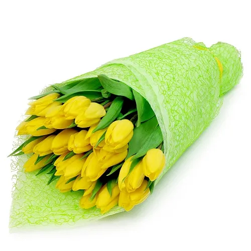 Bouquet of 25 yellow tulips with paper, Bouquet Happy moments