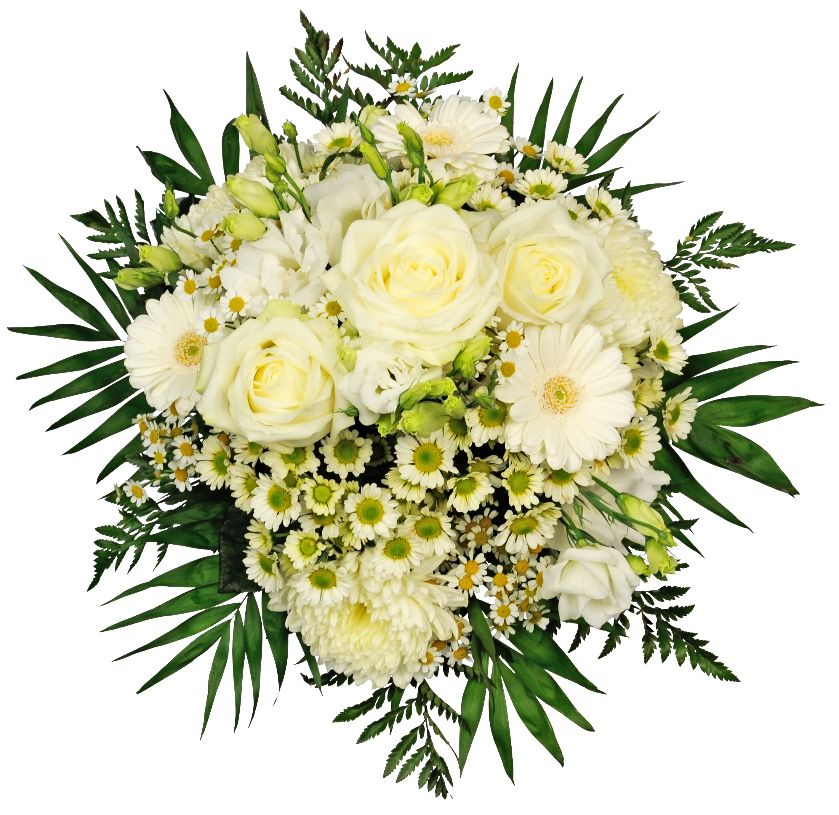 Round MCF only mixed WHITE FLOWERS roses/ gerberas etc