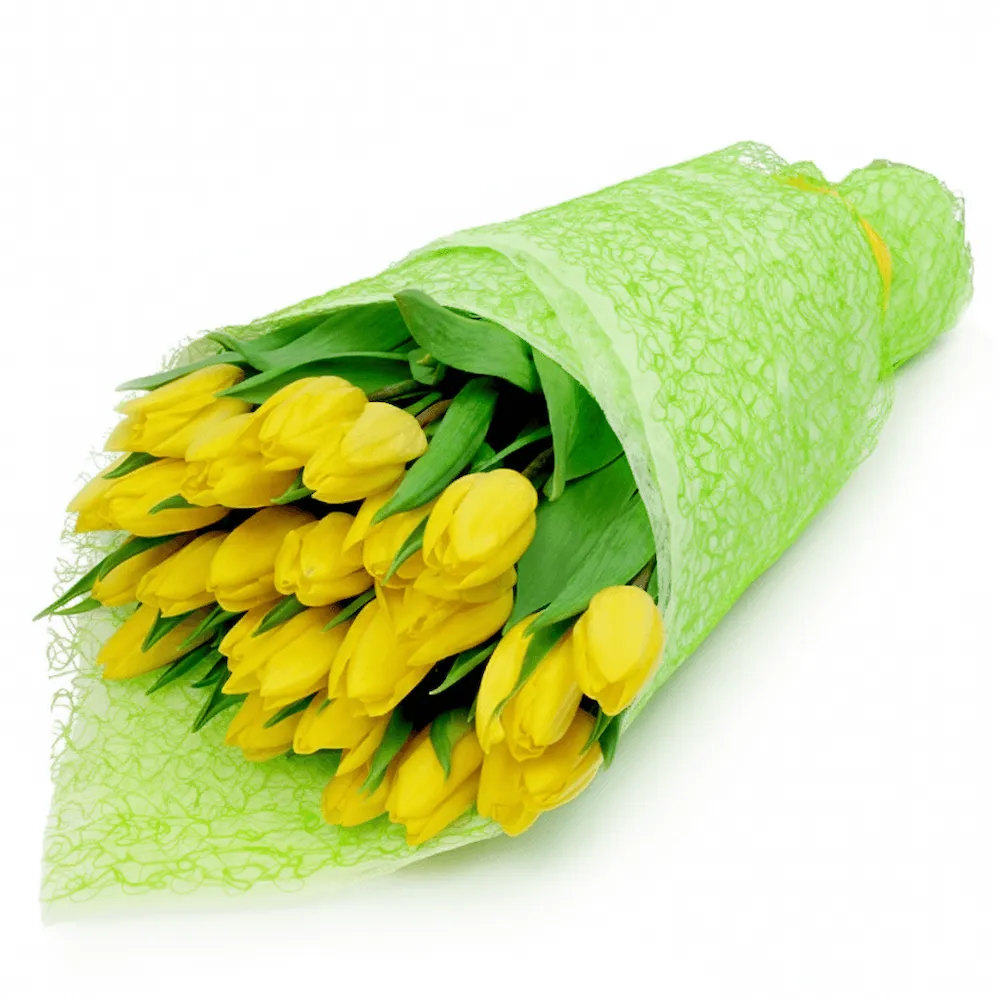 Bouquet of 25 yellow tulips with paper, Bouquet Happy moments
