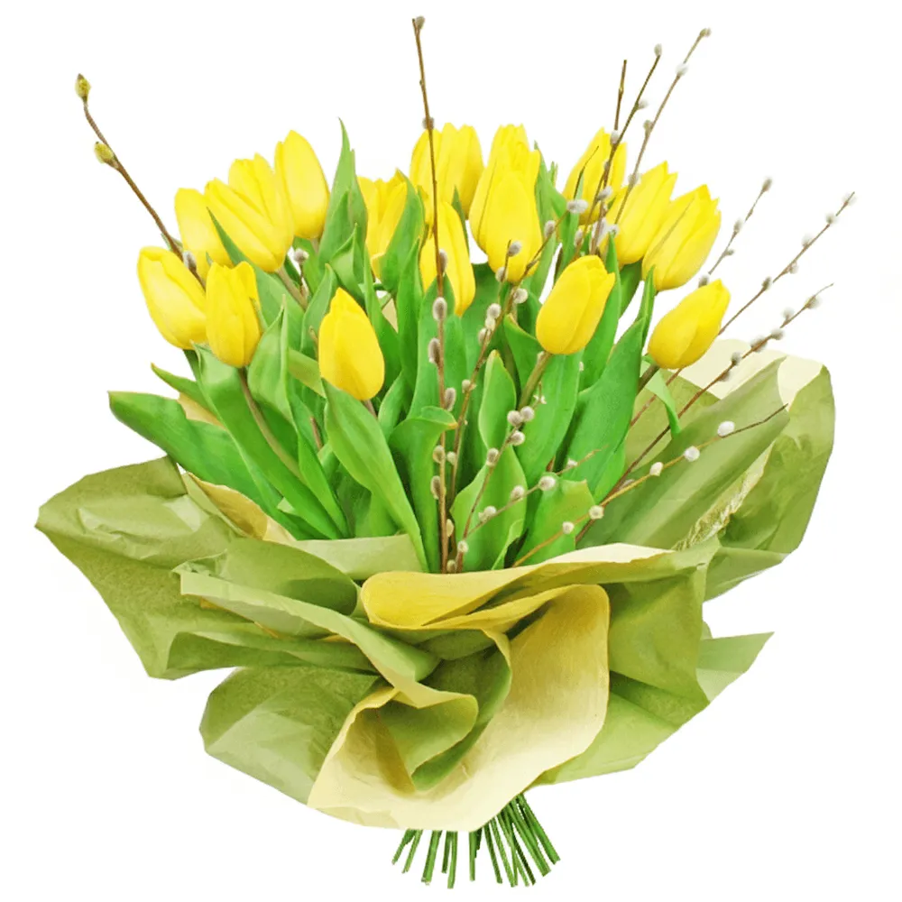 Bouquet for Christmas, 17 yellow tulips with colour paper, Bouquet of Happy Alleluia