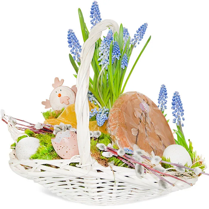 Stroik Wielkanocny z mazurkiem, stroik z szafirkiem w doniczce, mazurkiem wielkanocnym, ozdobionego kurczakiem, baziami, jajkami, wydmuszkami, mchem, rafią, organzą